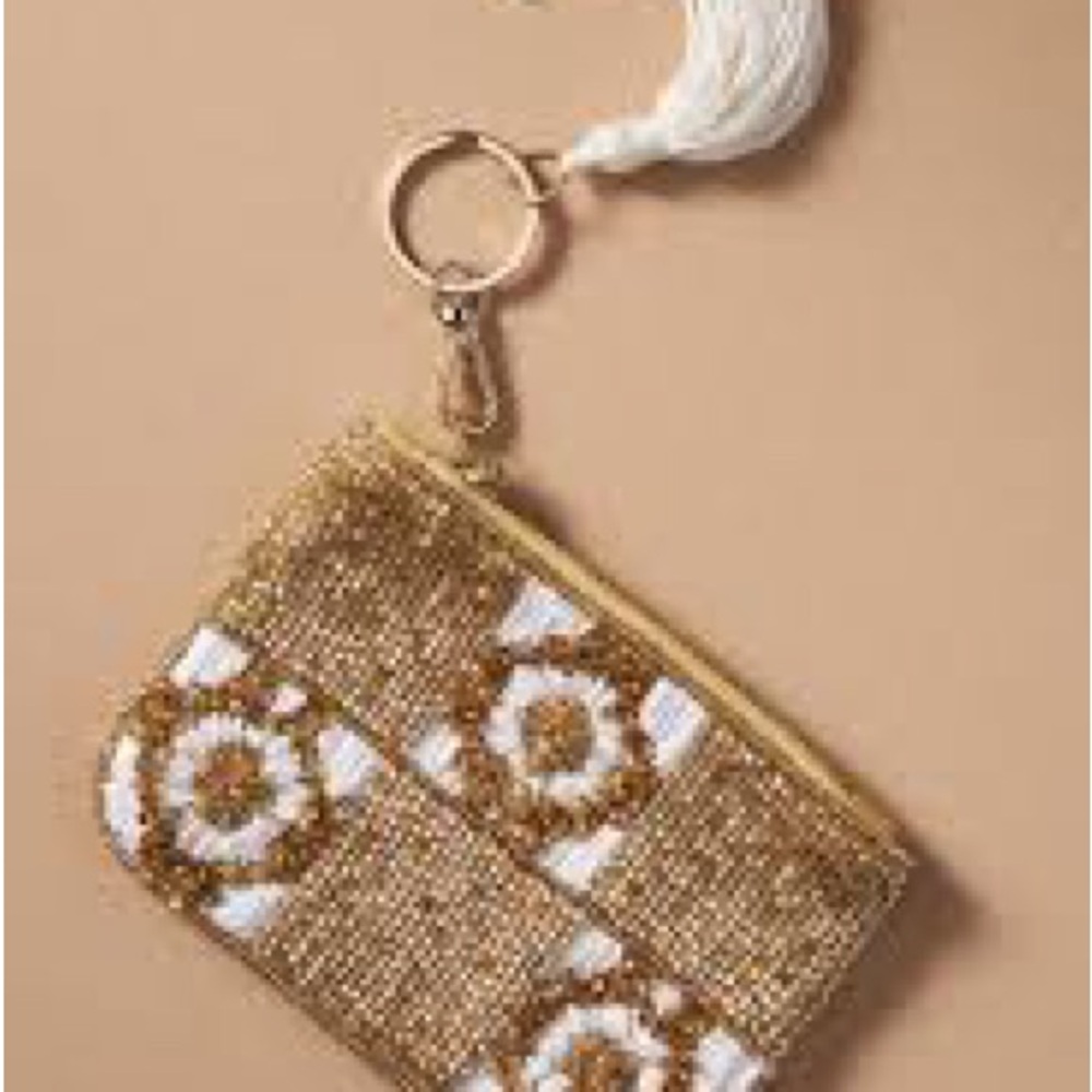 Anthropologie Gold and White Beaded Key & Card Holder